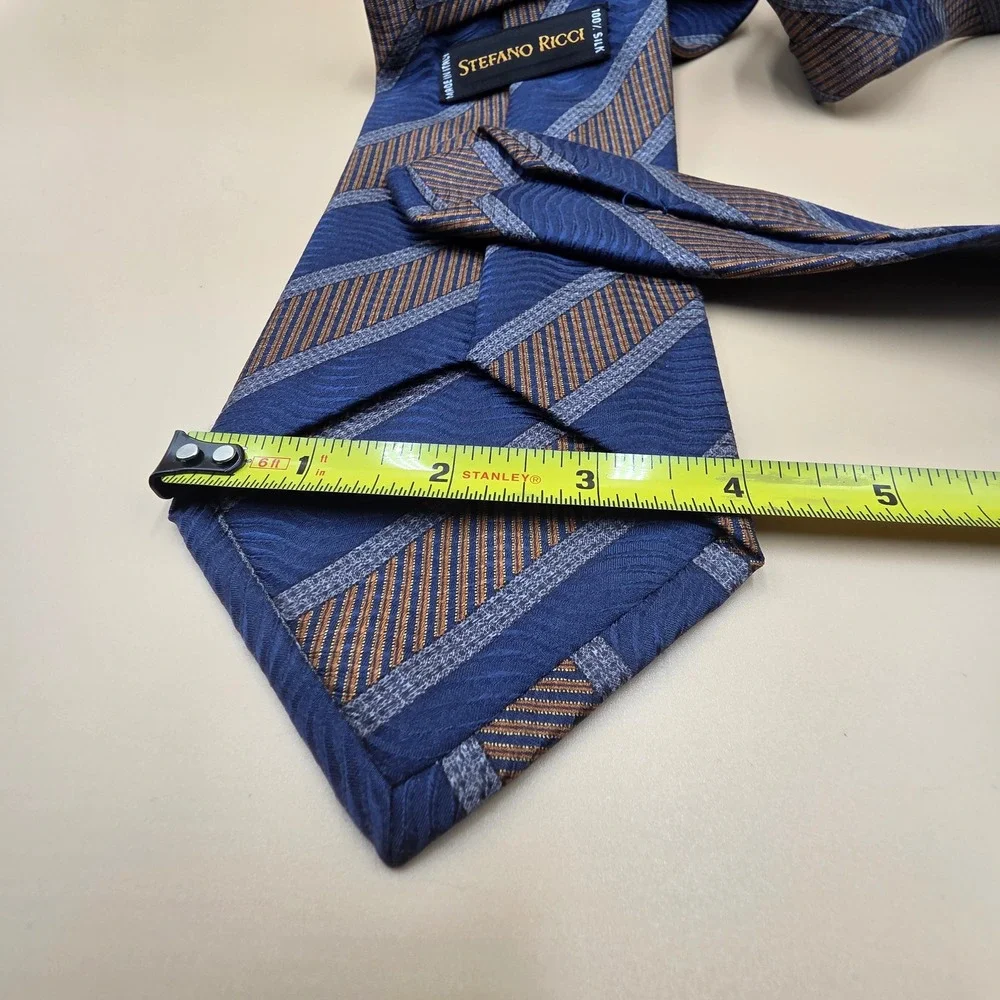 Stefano Ricci Mens Silk Tie Blue Grey Bronze Striped Wavy Jacquard Made in Italy